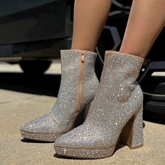 New Champagne Gold Rhinestone Crystal Ankle Booties Boot Low Platform Block Heel - Picture 1 of 6